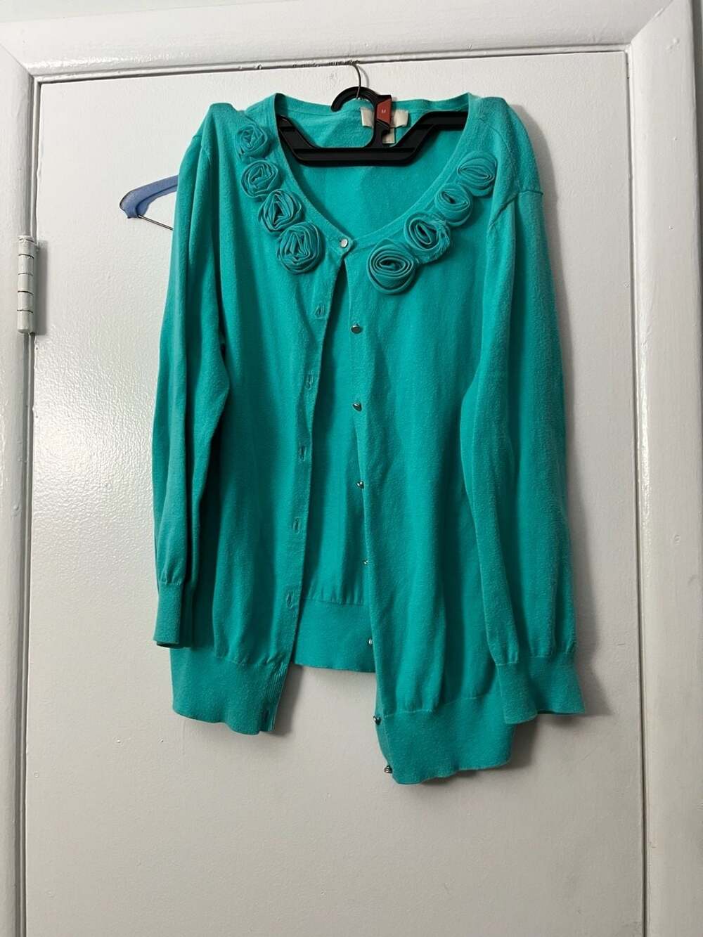 LOFT Teal Green Cardigan Sweater with Rosette Collar Embellishment
